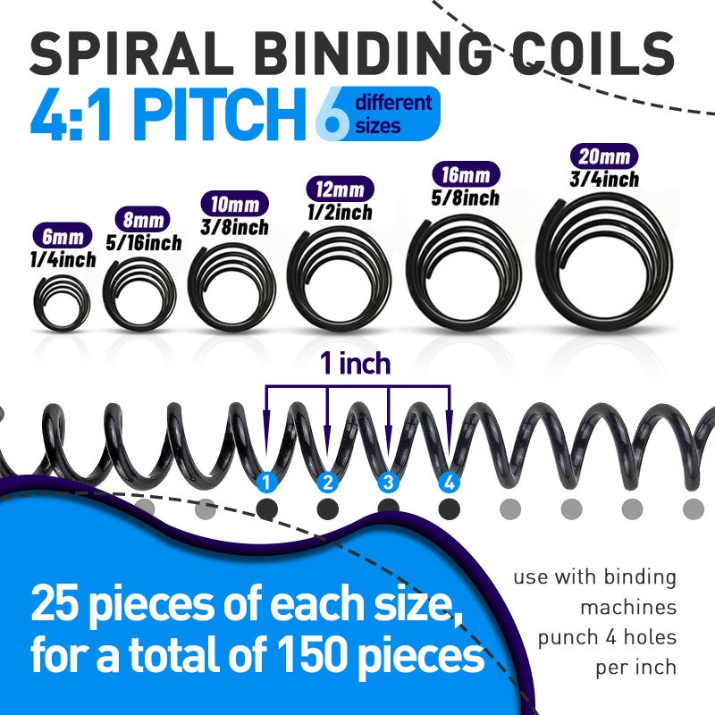 KOTESLLOE 150 Pack Spiral Binding Coils, 4:1 Pitch Plastic Binding Coils Kit, 6 Different Sizes Spiral Binding Coils 1/4"", 5/16"", 3/8"", 1/2"", 5/8"", 3/4"", Black Spiral Binding Coils - Image 2